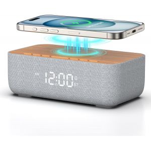 Chargeur sans Fil magn&eacute;tique 15 W &iquest; R&eacute;veil Digital 6 Sons naturels &iquest; Radio FM 40 pr&eacute;r&eacute;glages &iquest; &Eacute;cran LED dimmable 0&iquest;100% &iquest; Enceinte Bluetooth 10 W, pour Chevet et Bureau - Neuf