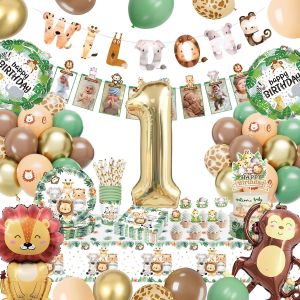 ChicSlick-Decoration Anniversaire 1 An, Decoration Anniversaire Garçon Fille, Safari Jungle Thème Party Ornements Avec Ballons, Bannière Animal, Nappes, Platos Y Vasos Para Cumpleaños Pour 2[X780] - Neuf