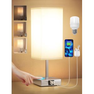 ERYI-Lampe De Chevet Tactile Avec Ports De Charge Usb-C+A, Intensité Variable À 3 Voies, Abat-Jour En Tissu Tc Gris Base De Métal, Lampe De Table Pour Chambre Salon(Ampoule Incluse) - Neuf