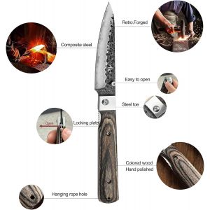 Couteau De Chef De Camping En Acier Inoxydable 440 Forg&eacute; - Pliage Japonais - Portable - Avec Manche En Bois Color&eacute; - Sac De Cuisine - Neuf