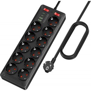 Multiprise &eacute;lectrique USB C, multiprise 11 Prises avec 2 interrupteurs ind&eacute;pendants Multiprise &eacute;lectrique avec 2 USB-A et 2 USB-C, Noir (Noir, 3M) - Neuf