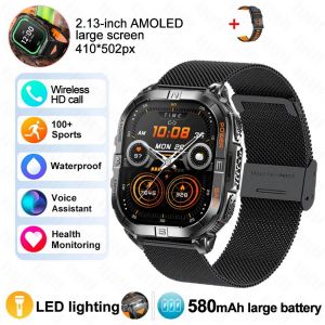 Nouveau Sport De Plein Air Montre Intelligente Hommes 2.13 "&Eacute;cran Amoled Lampe De Poche 580Mah Grande Batterie Fr&eacute;quence Cardiaque &Eacute;tanche Bt Appel Montre Intelligente.Black Mesh Belt. - Neuf