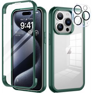 Eryi-Coque Pour Iphone 15 Pro 6,1 Pouces, Antichoc Housse Avec Verre Trempé Protection Écran +[9h Dureté Caméra Arrière Protecteur] Full Body Protection Integrale Bumper Rubuste Etui -Vert - Neuf