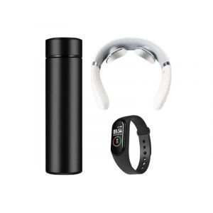 Coffret Cadeau Intelligent 3 Pi&egrave;ces : Tasse Isotherme, Masseur De Cou Et Bracelet Connect&eacute; - Neuf