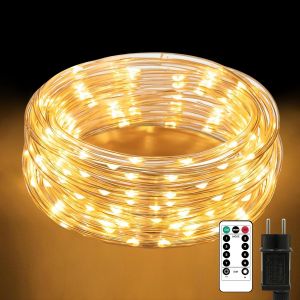 JGD-Guirlande lumineuse de 10 m avec 200 LED et t&eacute;l&eacute;commande, &Oslash; 7,5 mm, &eacute;paisse, pour l'ext&eacute;rieur, IP65, &eacute;tanche, 8 modes, intensit&eacute; r&eacute;glable et minuterie, guirlande lumineuse LED pour No&euml;l, jardin, - Neuf