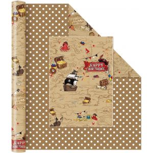 Papier Cadeau Pirate - 1 Rouleau Papier Cadeau D'anniversaire Pirate Marron 43 Cm X 10 M Motif Bateau Pirate Coffre Au Trésor Papier Cadeau Pirate Avec Ligne De Découpe - Neuf