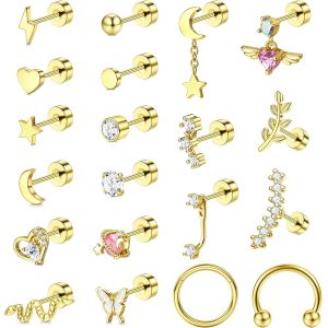 Kal-20pcs Piercing Helix Boucles D'oreilles Femme Acier Inoxydable Piercing Oreille Argent Or Coeur Étoile Lune Serpent Boucles D'oreilles À Dos Plat Piercing Tragus Conch Daith - Neuf