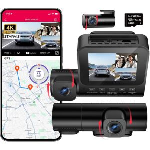 Car Dashcam with 64G SD Card, Dashcam 4K+1080P+1080P Triple Camera Front and Rear with GPS and WiFi, Night Vision, G-Sensor, 24-Hour Parking Mode, APP Control - Neuf