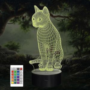 Veilleuse Chat Pour Enfants,Lampe De Chevet 3d Kitty Illusion Veilleuse Télécommande Led 16 Changement De Couleur - Neuf
