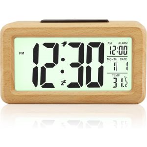 R&eacute;veil Matin Num&eacute;rique en Bois avec Grand &Eacute;cran, Capteur de Lumi&egrave;re Automatique, Affichage de la Date et Temp&eacute;rature, R&eacute;veil Digital &agrave; Piles (Bambou) - Neuf