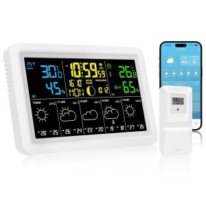 Station M&eacute;t&eacute;o Sans Fil, Thermometre Interieur Exterieur avec Capteur Externe, 4 R&eacute;tro&eacute;clairage R&eacute;glable, 7,5"" Station Meteo Connect&eacute;e, Pr&eacute;visions M&eacute;t&eacute;o,Barom&egrave;tre, Alarme,Thermom&egrave;tre Hygrom&egrave;tre - Neuf