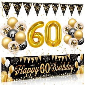 SJZG-D&eacute;coration Anniversaire 60 Ans,Deco 60 Ans Anniversaire Noir Or,Deco Anniversaire 60 Ans Banni&egrave;res Noir Or,Ballon 60 Ans Anniversaire,60 Ans Decoration Anniversaire De F&ecirc;te Pour Homme Femme - Neuf