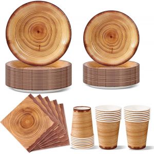 Sjzg-Anniversaire Vaisselle De Fete 96 Pi&egrave;ces Grain De Bois Party Assiettes En Papier Set Assiettes De F&ecirc;te Jetables Papier Tasses Serviettesr, Pour Barbecue Les F&ecirc;tes Les Pique-Niques -24 Invit&eacute;s - Neuf