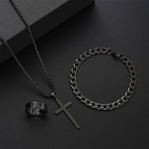 Ensemble De 3 Pi&egrave;ces En Acier Inoxydable Pour Hommes, Pendentif Croix En M&eacute;tal, Cha&icirc;ne, Collier, Bracelet, Bague, Ensemble De Bijoux, Hip Hop, Accessoires Pour Usage Quotidien--6081001jcf - Neuf