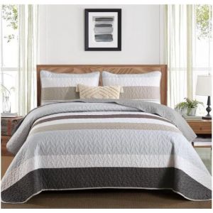 Couvre-Lit 220 X 240 Cm - Gris Marron - 3 Pi&egrave;ces - Lit Double - En Microfibre - Avec 2 Taies D'oreiller 50 X 75 Cm - Pour Chambre &Agrave; Coucher - Jet&eacute; De Canap&eacute; - Neuf