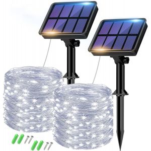 Lot de 2 Guirlande Solaire Exterieur, Totale 16m 160LED Guirlande Lumineuse Exterieure Étanche, 8 Modes Guirlande Extérieure Solaire Décoration pour Jardin Terrasse Cour Noël Mariage Fête, Blanc Froid - Neuf