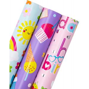 Lot De 3 Rouleaux De Papier Cadeau D'anniversaire Pour Filles - 43,2 Cm X 3,05 M Par Rouleau - Papier Cadeau D'anniversaire Fantaisie Rose Et Violet Pour Anniversaire De Fille, Fête Prénatale - Neuf