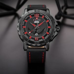Montre-Bracelet A Quartz Etanche Naviforce Pour Homme, Bracelet En Pu (Boitier Noir Et Rouge) - Neuf