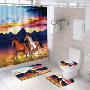 Ensemble de rideaux de douche 4 pièces motif cheval (style 13), rideau de douche imperméable motif cheval noir, tapis contour antidérapant, housse d'abattant de toilette et tapis de sol - Neuf