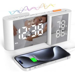Radio R&eacute;veil pour Chambre &agrave; Coucher Radio FM Horloge LED avec Miroir Snooze USB Charge Port Volume Luminosit&eacute; R&eacute;glable Blanc - Neuf