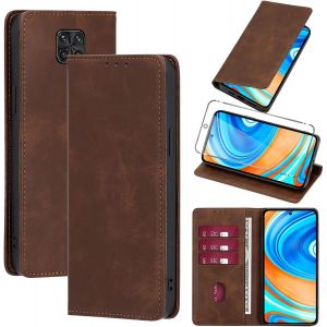 Kal-Coque Cuir Pour Xiaomi Redmi Note 9 Pro/9 Pro Max/9s 4g 6.67"" Avec 1 Verre Trempé Etui À Rabat En Pu Porte-Cartes Portefeuille Support Flip Housse Magnétique Antichoc Anti-Rayures Case,Marron - Neuf