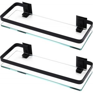 Lot de 2 étagères de salle de bain rectangulaires en aluminium noir, verre trempé, 1 niveau, extra épaisses, finition argent pulvérisée, fixation murale - Neuf