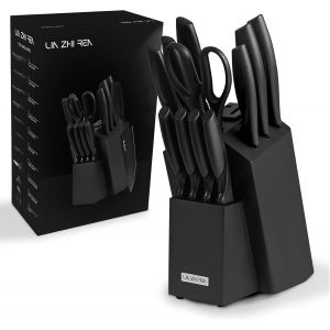Mevronisshop-Ensemble De Couteaux Linzhiren De 13 Pièces, Ensemble De Couteaux De Cuisine Avec Bloc, Aiguiseur Intégré, Manche Ergonomique, Lavable Au Lave-Vaisselle, Noir - Neuf