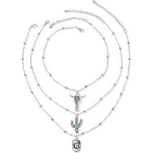 Collier Cowgirl Western,Argent Multicouche Collier Tête Taureau & Chapeau Cowboy Turquoise Imitation Rétro Bijoux Boho Pour Femmes Concert Country Accessoires Tenue Rodeo - Neuf