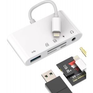 Adaptateur Lightning USB Lecteur Carte SD Micro SD Lecteur de Carte 3.5 Casque Jack Chargeur 5in1 Cl&eacute; T&eacute;l&eacute;charger Photo C&acirc;ble Aux &Eacute;couteurs Accessoires pour Apple Iphone 14 13 Pro Max pour iPad - Neuf