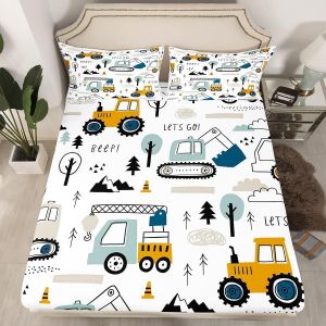 Ulteronixshop-Drap-housse de voiture - 90 x 200 cm - Pour enfant gar&ccedil;on - Motif dessin anim&eacute; - Pelleteuse - Grue - Tracteur - Pour adolescents, camions, tracteurs - Blanc et jaune - Pour chambre &agrave; co - Neuf