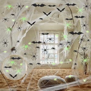 Trahoo-Toile D'araign&eacute;e Halloween, 300g Toile Araign&eacute;e Geante Halloween Avec 65 Araign&eacute;es Et 12 Chauves-Souris, 1800 M&egrave;tres Carr&eacute;s Fausse Toile D'araign&eacute;e Halloween Pour La D&eacute;coration De La F&ecirc;te D'ha - Neuf