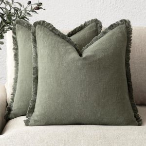 Kalanka-Ensemble De 2 Housses De Coussin D&eacute;coratives &Agrave; Franges En Lin De Style Boh&egrave;me Et Rustique Avec Pampilles Pour Canap&eacute;, Sofa, Lit, Salon, D&eacute;coration D'int&eacute;rieur, 45 X 45 Cm, Vert Olive - Neuf
