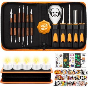 Kit De Sculpture De Citrouille De 82 Pi&egrave;ces,Outils Professionnels De Sculpture D'halloween Avec Pochoirs Et Bougies &Eacute;lectroniques,Ensemble De Couteaux De Sculpture De Citrouille En Acier - Neuf