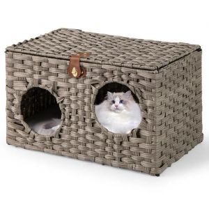 Maison Pour Chat Intérieur Costway, Cadre En Rotin Pe, Coussin Amovible, Couvercle Verrouillable, Pour Salon Balcon, 60 X 35 X 35cm - Neuf