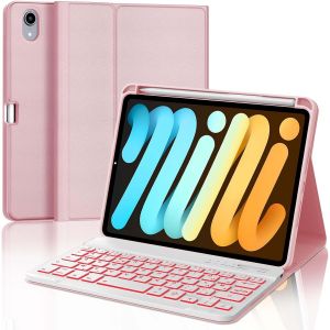 Coque Clavier Pour Ipad Mini 7 A17 Pro 2024/Mini 6 2021 8.3"", Azerty Français Clavier Rétro-Éclairé Détachable Pour Ipad Mini 7/Mini 6 8.3"", Rose - Neuf