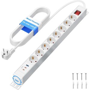 Multiprise 8 Prises avec 2 USB C PD 20W, Bloc Multiprise avec Interrupteur et Supports pivotants &agrave; 360&deg;, Bo&icirc;tier M&eacute;tallique, Blanc - Neuf