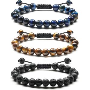Tianyi-Bracelet Homme Bracelet Pierre Naturelle 8mm Bracelet Perle Homme R&eacute;glable Oeil De Tigre Pierre De Lave Faits &Agrave; La Main Bracelets Homme Bijoux Cadeau Bracelets Pour Homme Femme - Neuf