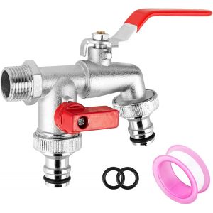 ¿ 1/2"" Pouce Robinet De Jardin Laiton Robinet Double Jardin Robinet Exterieur avec 2 * 3/4 pouces de sortie+1 * ruban d'étanchéité à rouleaux pour Jardin,Machine à Laver,Baril de Pluie - Neuf