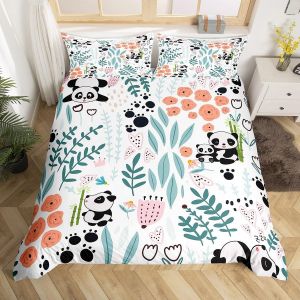 Sjzg-Parure De Lit Panda 240 X 260, Housse De Couette Panda De Dessin Anim&eacute; Kawaii, Ensemble De Literie Mignonne Fleur En Forme De Coeur D'amour, Couvre Lit Animaux &Agrave; Pattes, 3 Pi&egrave;ces - Neuf