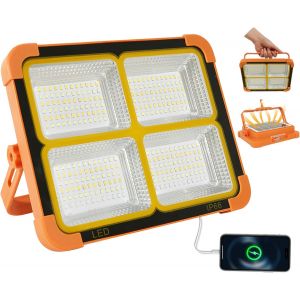 Projecteur De Chantier Led 100w Avec Panneau Solaire - 10000lm Projecteur Led 12000mah Batterie Rechargeable Via Usb 4 Modes D'&eacute;clairage Parfait Pour Le Camping En Plein Air Garage P&ecirc;che Travail - Neuf