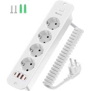 Prise escamotable 4 prises + 4 USB (2 x USB-C PD20W + 2 x USB-A QC18W) - Prise encastrable pour table avec c&acirc;ble spirale de 2 m - Pour bureau, cuisine, bureau &agrave; domicile - Blanc - THX - Blanc - Neuf