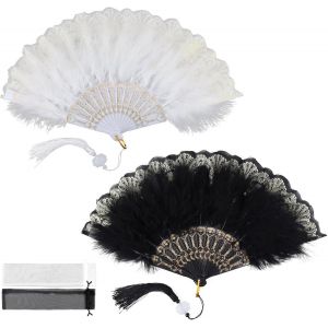 Kalanka-2 Pièces Éventail Ensemble, Éventails Pour Femmes Pliables, Classique Noir Blanc, Ventilateur Pliant, Ressort Ruban Plastique, Design Élégant Pampilles, Pour Mariages, Banquets, Danses - Neuf