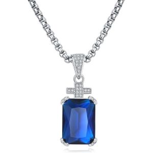 Kal-Collier Homme, Pendentif Croix Avec Cha&icirc;ne En Acier Inoxydable 60cm, Zircon Cubique 17,5 Carats, Pierre De Naissance Taille &Eacute;meraude, Cadeau Bijou Pour Hommes - Neuf