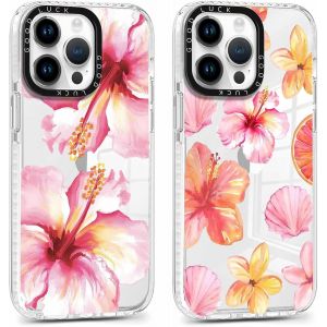 Kal-2 Pièces Coque Pour Iphone 14 Pro, Étui De Protection Avec Aesthetic Design Fleur Hibiscus Motif, Tpu Silicone Transparente Femme Fille Housse Etui Bumper Cover Pour Iphone 14 Pro 6,1'', Rose - Neuf