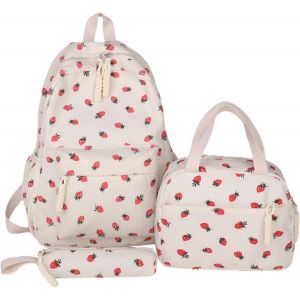 Kawaii Sac à dos d'école pour fille-Adorable sac à dos d'école 3 en 1 en velours côtelé avec boîte à déjeuner et trousse à crayons[T659] - Neuf