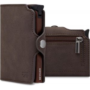 Porte-Cartes de crédit 1 écran | Portefeuille Slim pour Homme et Femme | Porte-Cartes et Documents avec Protection RFID et Pince à Billets en Fibre de Carbone, Marron tête de Brun., Con Zip, - Neuf