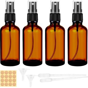 Lot de 4 flacons pulv&eacute;risateurs en verre marron-Petit flacon pulv&eacute;risateur rechargeable avec entonnoir,compte-gouttes et &eacute;tiquettes pour eau,alcool,cosm&eacute;tiques,parfum,aromath&eacute;rapie (50 - Neuf