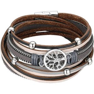 Kal-Bracelet Arbre De Vie Multicouche Style Bohémien Avec Boucle Magnétique,Bracelet Manchette Tressé En Cuir,Cadeau Fête Des Mères -Quatre Styles(Rouge,Brun,Bleu,Gris) - Neuf