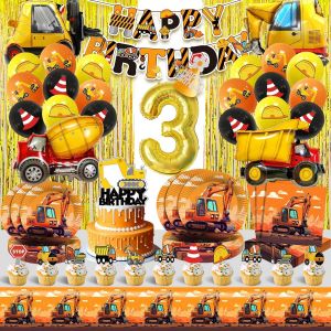 ChicSlick-Decoration Anniversaire Chantier 3 Ans,Ballon Chantier Anniversaire Enfant,Construction Thème Fête Décoration,Excavatrice Vaisselle Kit Garçons Filles Avec Nappe Assiette Déco Gâte[X2345] - Neuf