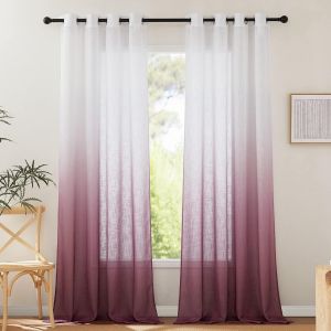 Tianyi-Rideaux Salon - Voilages Draperies Voile En Lin Demi Transparent Couleur Dégradé Décoration Pour Chambre Panneau À Oeillets Prêt À Poser, 140 X 260 Cm, Bordeaux, 2 Pcs - Neuf